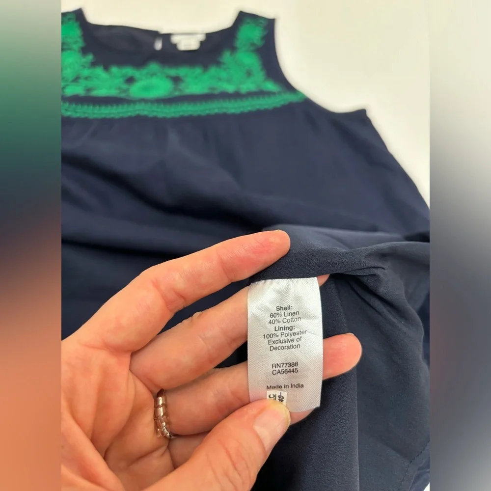 J Crew linen embroidered shift‎ dress, navy and green, with pockets XS, bohemian